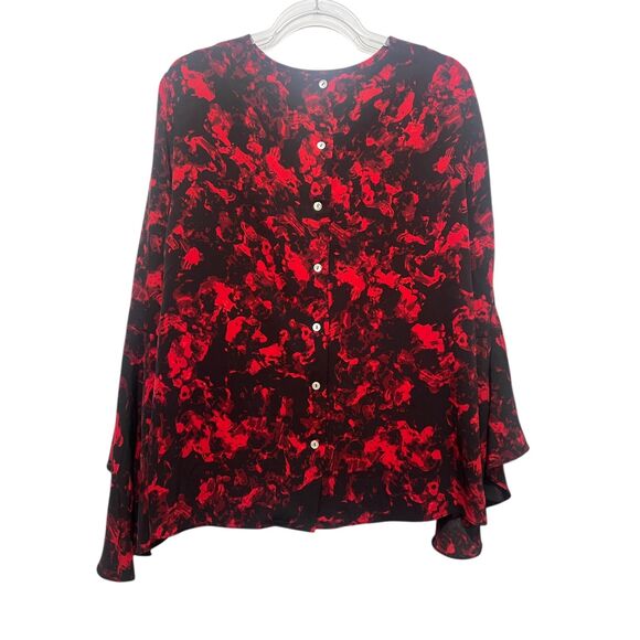 Olivia & Grace Red & Black Abstract Flowy Bell Flounce Sleeve Top Size L NWT - Picture 2 of 5